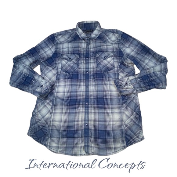 INC Blue Plaid Snap Down Shirt - Men’s Medium International Concepts - Picture 14 of 14